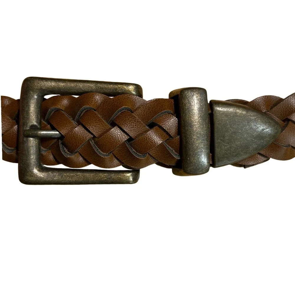 Western Braided Woven Brown Leather Belt Antiqued Brass‎ Buckle Up to Size 31